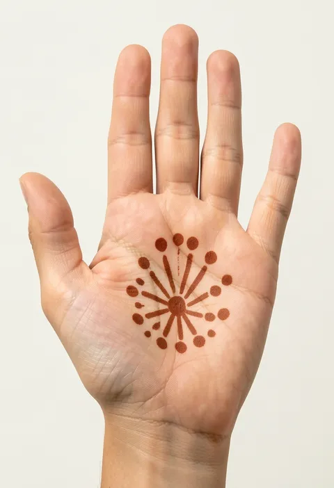 Simple kids front-hand mehndi design with a dotted starburst bloom in the centre of the palm