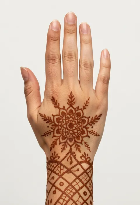 Back-hand mehndi design for girls with a round mandala rosette and a lattice wrist cuff
