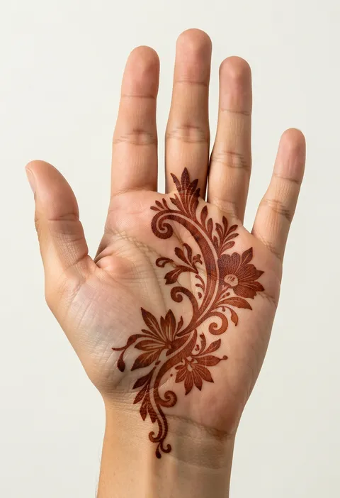Arabic front-hand mehndi design with a diagonal floral vine sweeping across the palm
