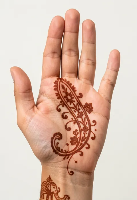 Arabic front-hand mehndi design with a large floral paisley trail across the palm and a wrist elephant