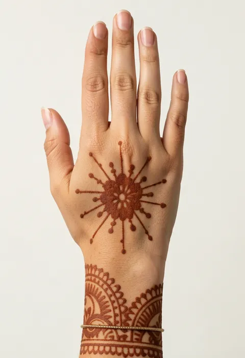 For-girls back-hand mehndi design with a starburst flower medallion and a lace wrist cuff