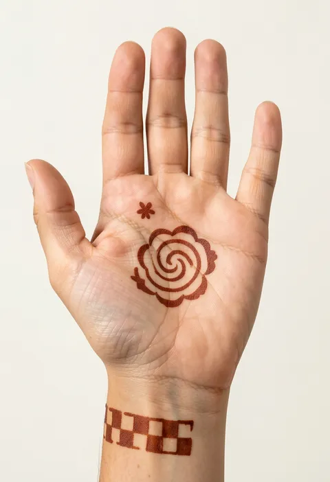 For-kids front-hand mehndi design with a simple spiral rosette on the palm and a checkerboard wrist band