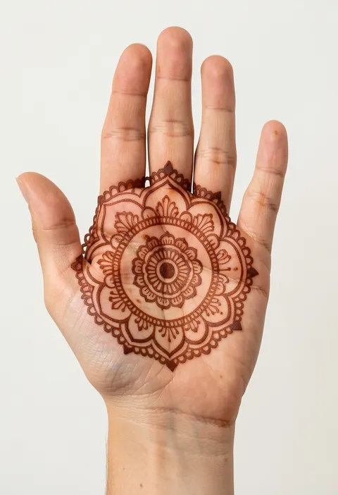 Bridal front-hand mehndi design with a fine-line lotus mandala filling the centre of the palm