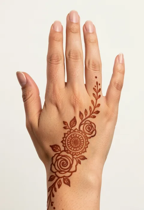 For-girls back hand mehndi design with two spiral roses, a mandala disc and a leaf vine