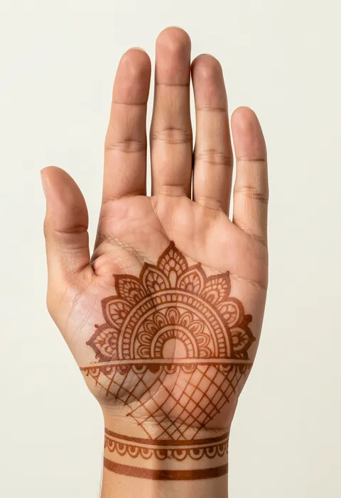 Bridal front hand mehndi design with a scalloped half mandala and net shading on the palm
