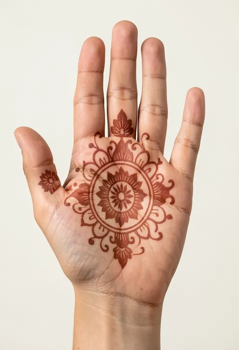 For-girls front hand mehndi design with a round floral mandala centred on the palm