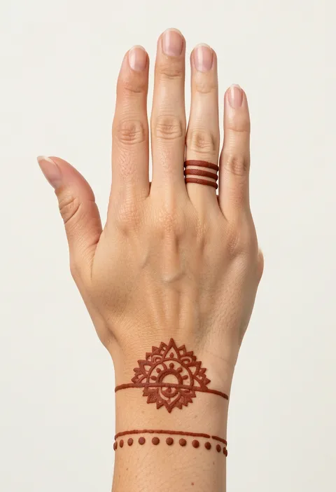 Simple kids back hand mehndi design with a wrist mandala, ring bands and a dotted bracelet
