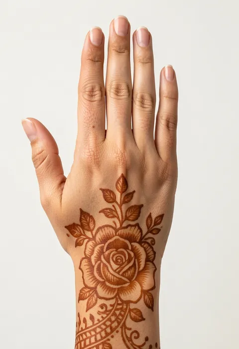 Bridal back hand mehndi design with a large open rose medallion and leafy vine trails
