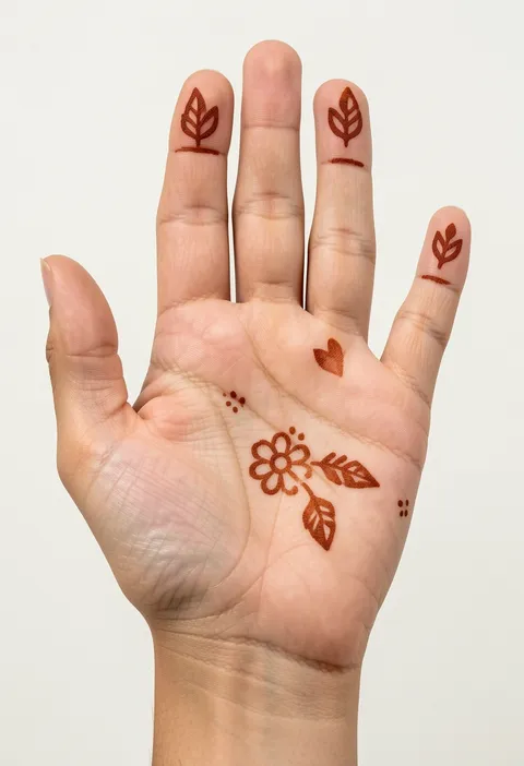 Simple front hand mehndi design for kids with fingertip leaves, a flower sprig and a heart