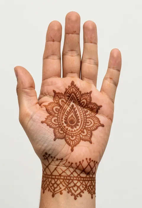 Bridal front hand mehndi design with a paisley mandala on the palm and a jaali wrist band