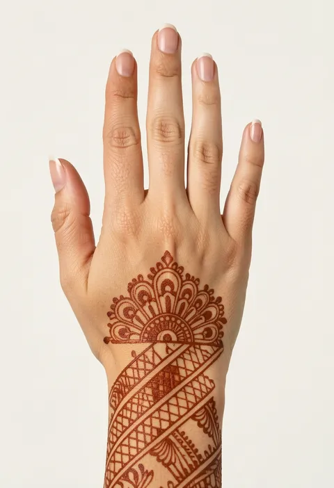 Back hand mehndi design for girls with a half-fan medallion and a diagonal lattice wrist band
