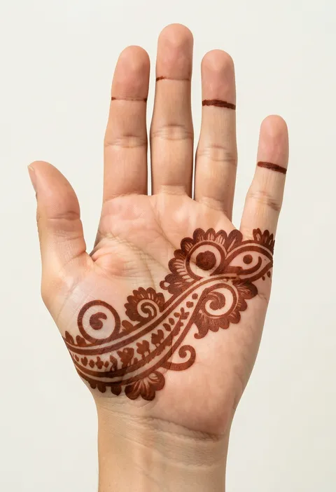 Arabic front hand mehndi design with a sweeping paisley trail and thin fingertip bands