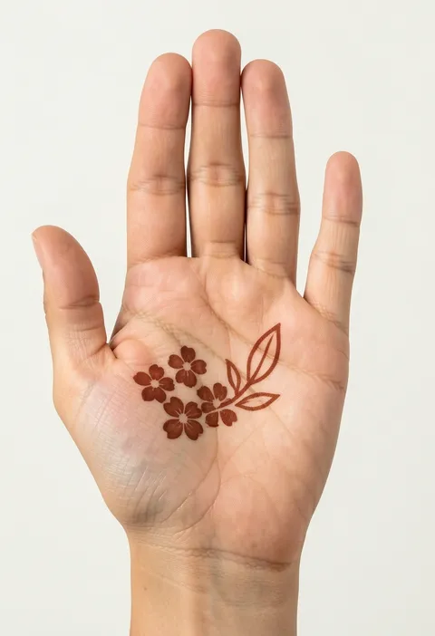 Minimal front-hand mehndi design with a small henna blossom cluster and leafy sprig on the palm
