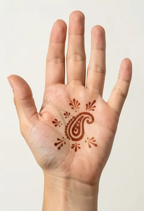 Kids front-hand mehndi design with one bold paisley and small dotted fans on the palm