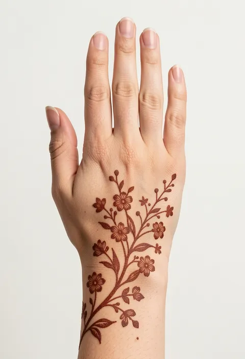 For girls back-hand mehndi design with a floral spray of blossoms and slender leaves from the wrist