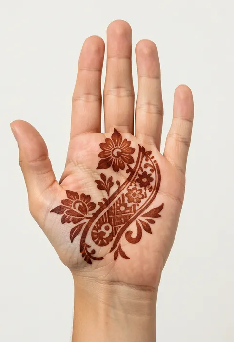 Arabic front hand mehndi design with a flowing floral paisley trail sweeping across the palm