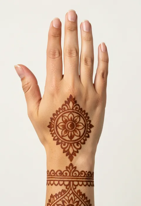 Bridal back hand mehndi design with a round floral mandala and an ornate wrist cuff