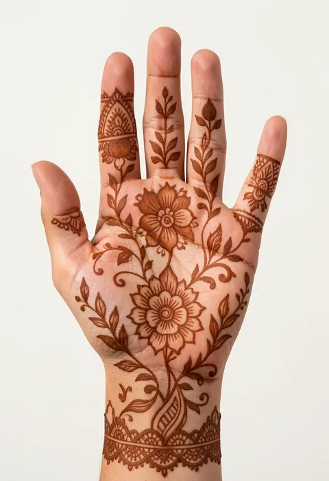 Bridal front-hand mehndi design with layered floral vines, petal fingertips, and a delicate lace wrist cuff