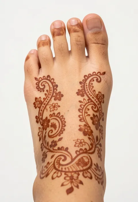 For-girls feet mehndi design with paired paisley trails, tiny flowers, and open toe spacing