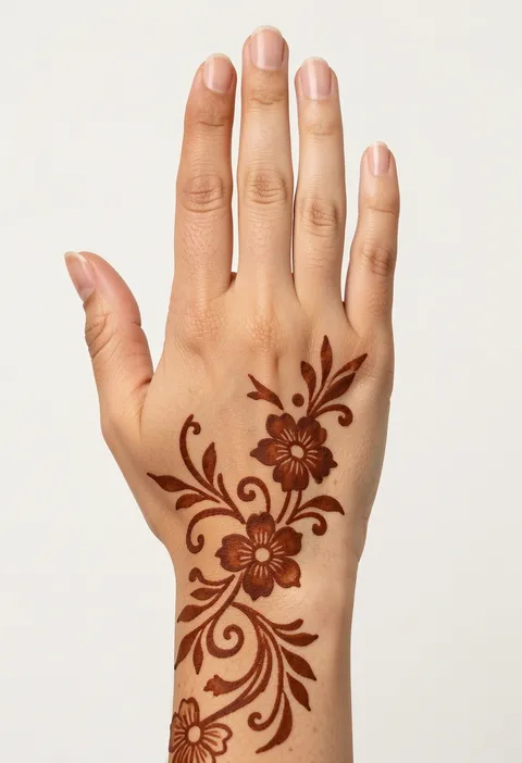 Arabic back-hand mehndi design with an airy diagonal flower and leafy tendril trail