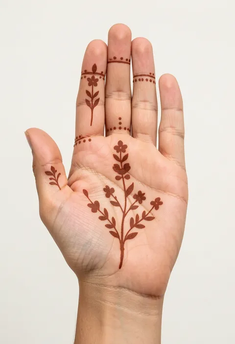 Minimal front-hand mehndi design with a slim flowering palm vine and dotted finger bands
