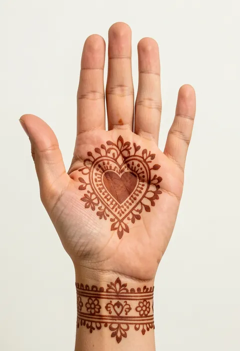 For-girls front-hand mehndi design with a framed heart, floral accents, and a patterned wrist band