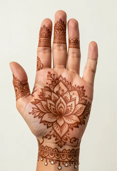 Bridal front hand mehndi with a layered lotus, ornate finger bands, and jeweled wrist border