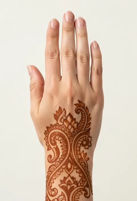 Bridal back hand mehndi with sweeping paisleys, layered lotus petals, curls, and leafy borders