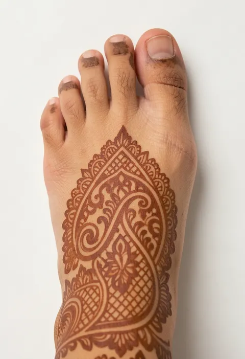 Bridal foot mehndi with a large paisley, fine lattice fills, scalloped edging, and toe accents