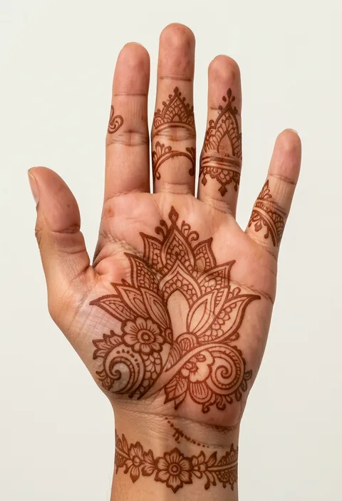 Bridal front hand mehndi with layered lotus petals, paisley curls, finger bands, and floral cuff