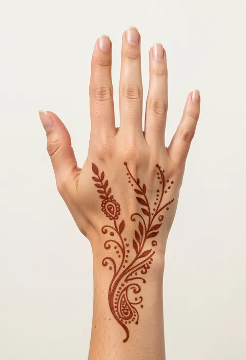 Minimal back hand mehndi with a slim leafy vine, tiny paisleys, curls, and dotted accents