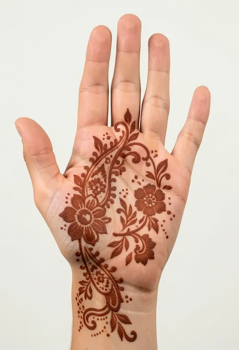 Arabic front-hand mehndi with a sweeping paisley vine, flowers, leaves, and dotted accents