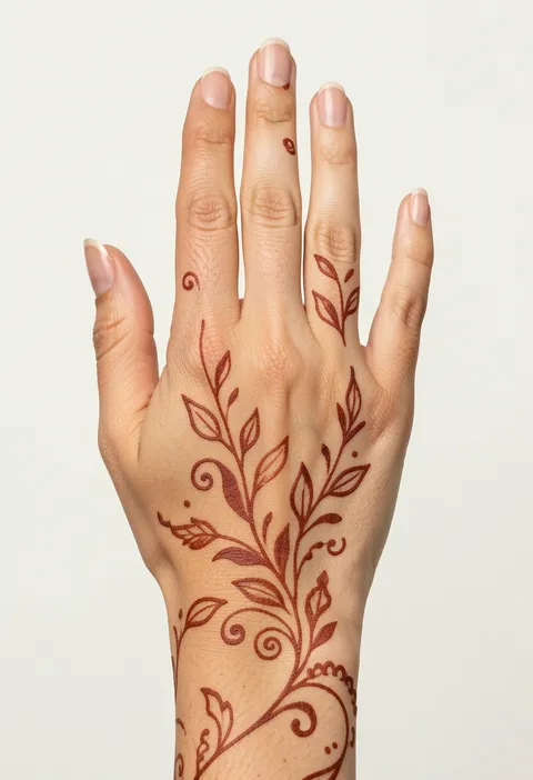 Minimal back-hand mehndi with fine leafy vines, small spirals, and generous open space