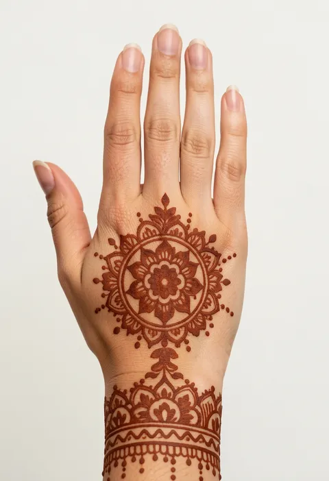 Girls back-hand mehndi with a floral mandala, lace details, dots, and an ornate wrist cuff