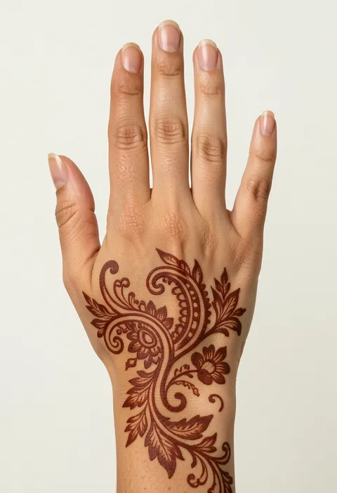 Arabic back-hand mehndi with flowing paisley curves, leafy sprays, and a small flower