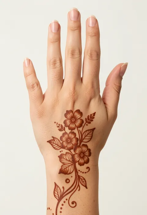 Girls back-hand mehndi with three shaded flowers, veined leaves, curls, and dotted trails