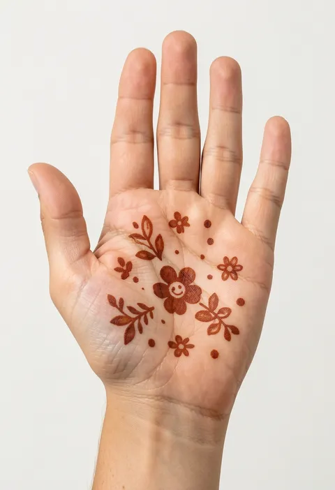 Kids front-hand mehndi with a smiling flower, tiny blossoms, leafy sprigs, and dots