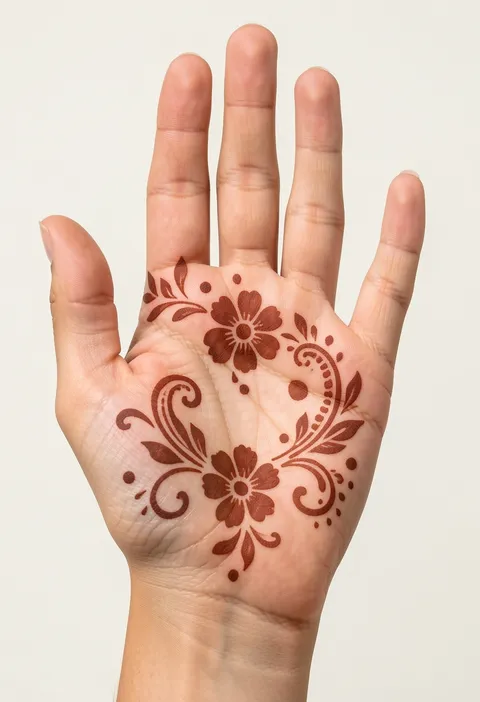 Minimal front hand mehndi with paired flowers, paisley curls, leaves, and scattered dot accents
