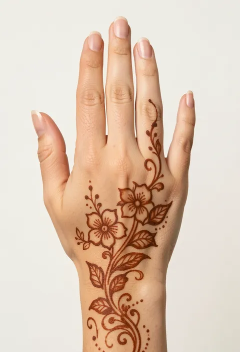 Girls back hand mehndi with a delicate floral vine, shaded leaves, curls, and tiny dotted details