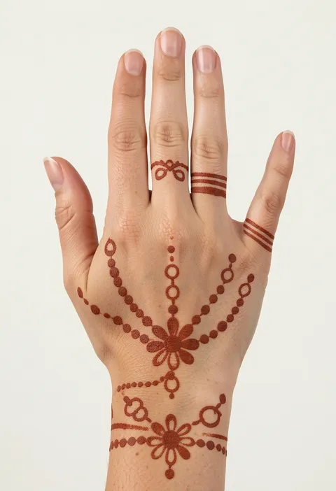 Kids back hand mehndi with playful beaded chains, simple flowers, loops, and striped finger bands