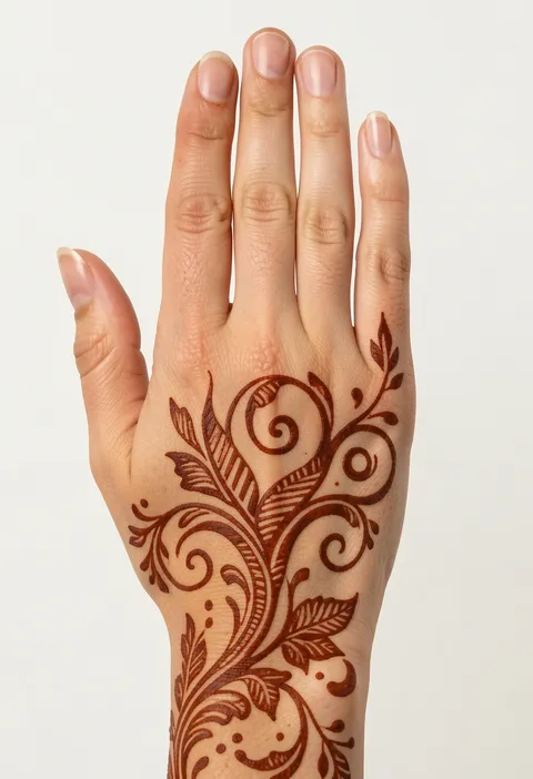 Arabic back hand mehndi with bold spirals, striped leaves, flowing vines, and open negative space