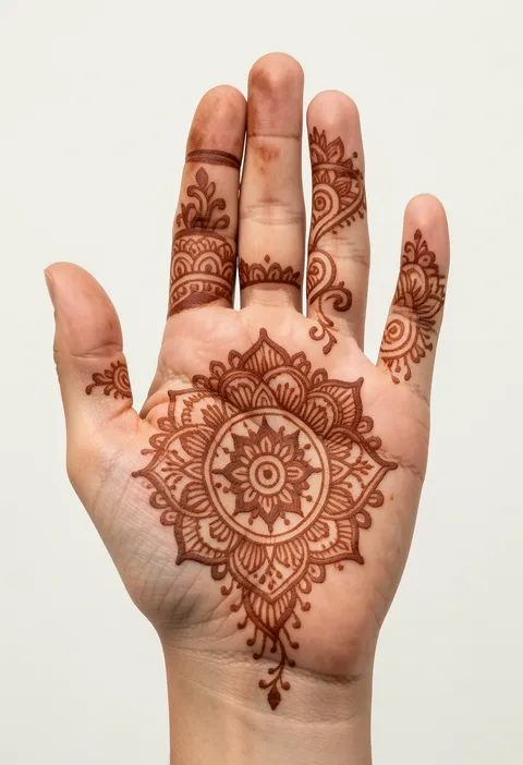 Bridal front hand mehndi with a layered mandala, lotus petals, paisleys, and decorated fingers