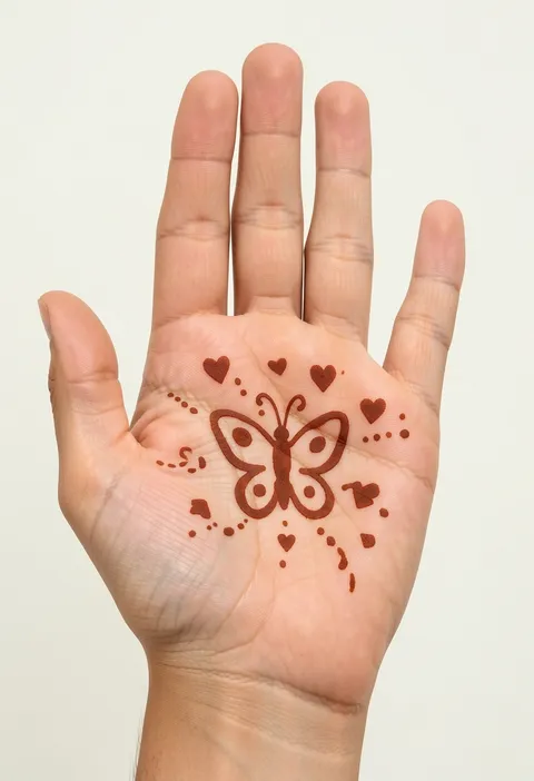 Easy kids front hand mehndi featuring a cute butterfly, tiny hearts, dots, and playful trails