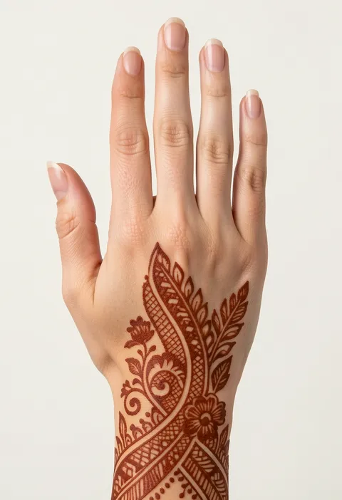 Arabic back hand mehndi with sweeping paisley bands, floral curls, mesh fills, and leafy sprigs