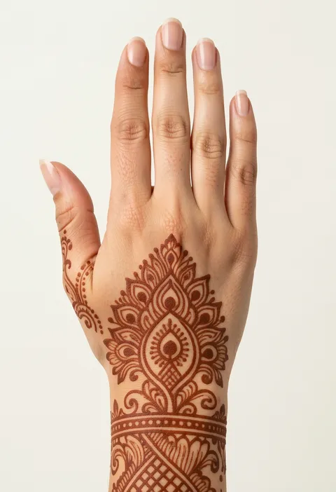 Bridal back hand mehndi with a peacock-inspired medallion, lotus layers, lattice, and wrist bands