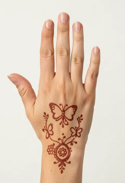 Playful butterfly and floral mehndi design in reddish-brown stain across the back of a hand