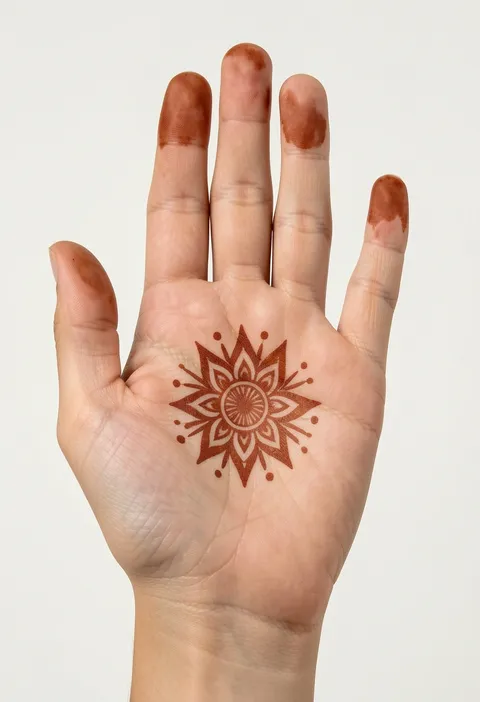 Minimal sunburst mandala mehndi design centered on an open palm with softly stained fingertips