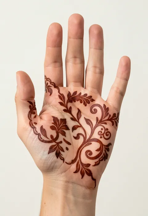 Flowing Arabic floral and leafy vine mehndi design sweeping diagonally across an open palm