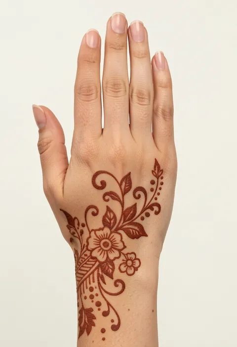 Graceful floral vine mehndi design with curling leaves and dotted accents on the back of a hand