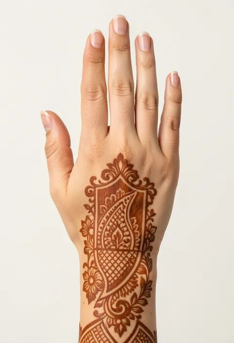 Ornate bridal paisley panel mehndi design with lattice and florals extending along the back hand